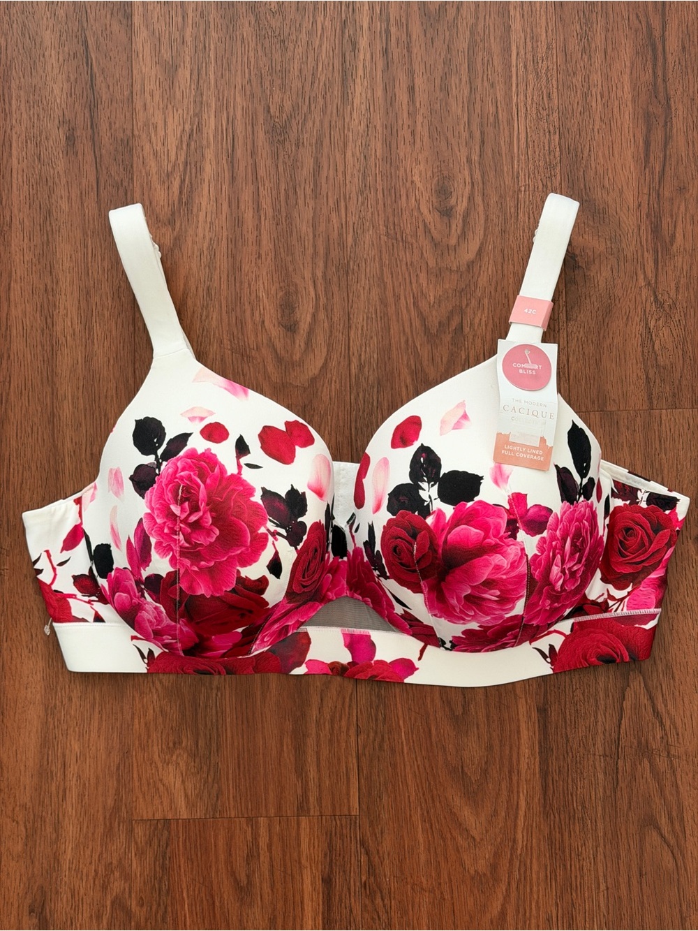 Cacique White Bra with Pink & Red Rose Print NWT 42C